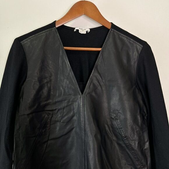 Helmut Lang Black Genuine Leather Long Sleeve V-Neck Top - Picture 3 of 9